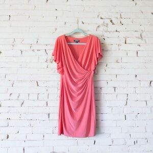 Size 10 flutter sleeve, ruched waisted coral dress